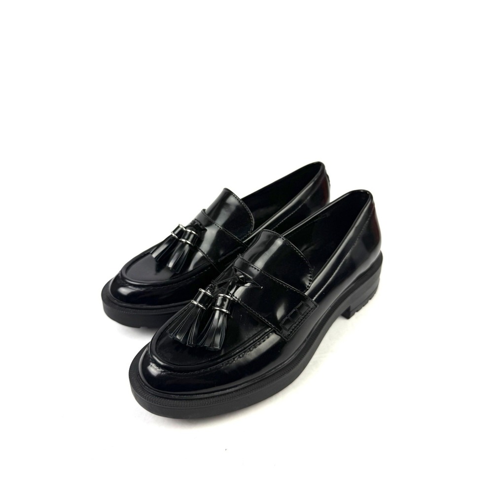 Zara Loafers 37 Black Patent Tassel Slip On Lug Sole Chunky Womens Shoes NEW